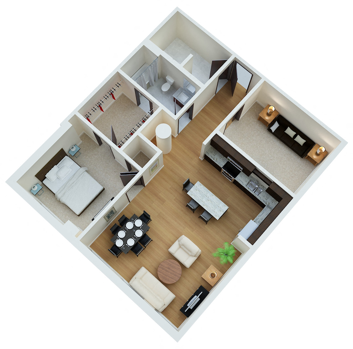 Floor plan for 1 bed, 1 bath, 1070 sqft